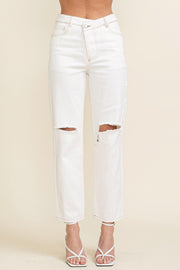 Asymmetrical White Denim Pants